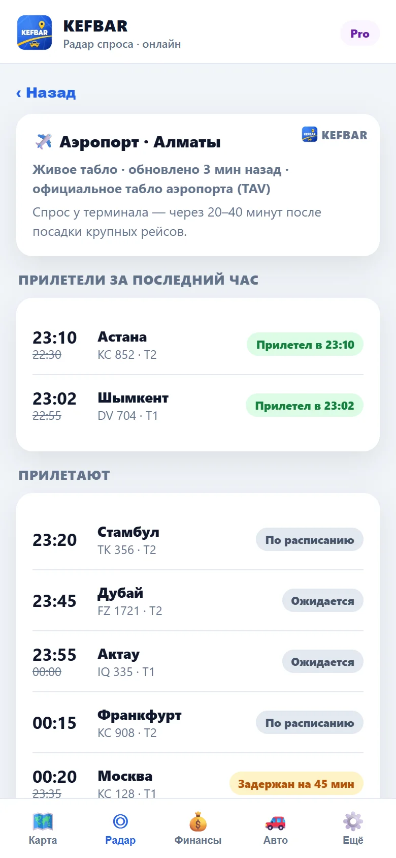 Табло прилётов аэропорта Алматы в KEFBAR